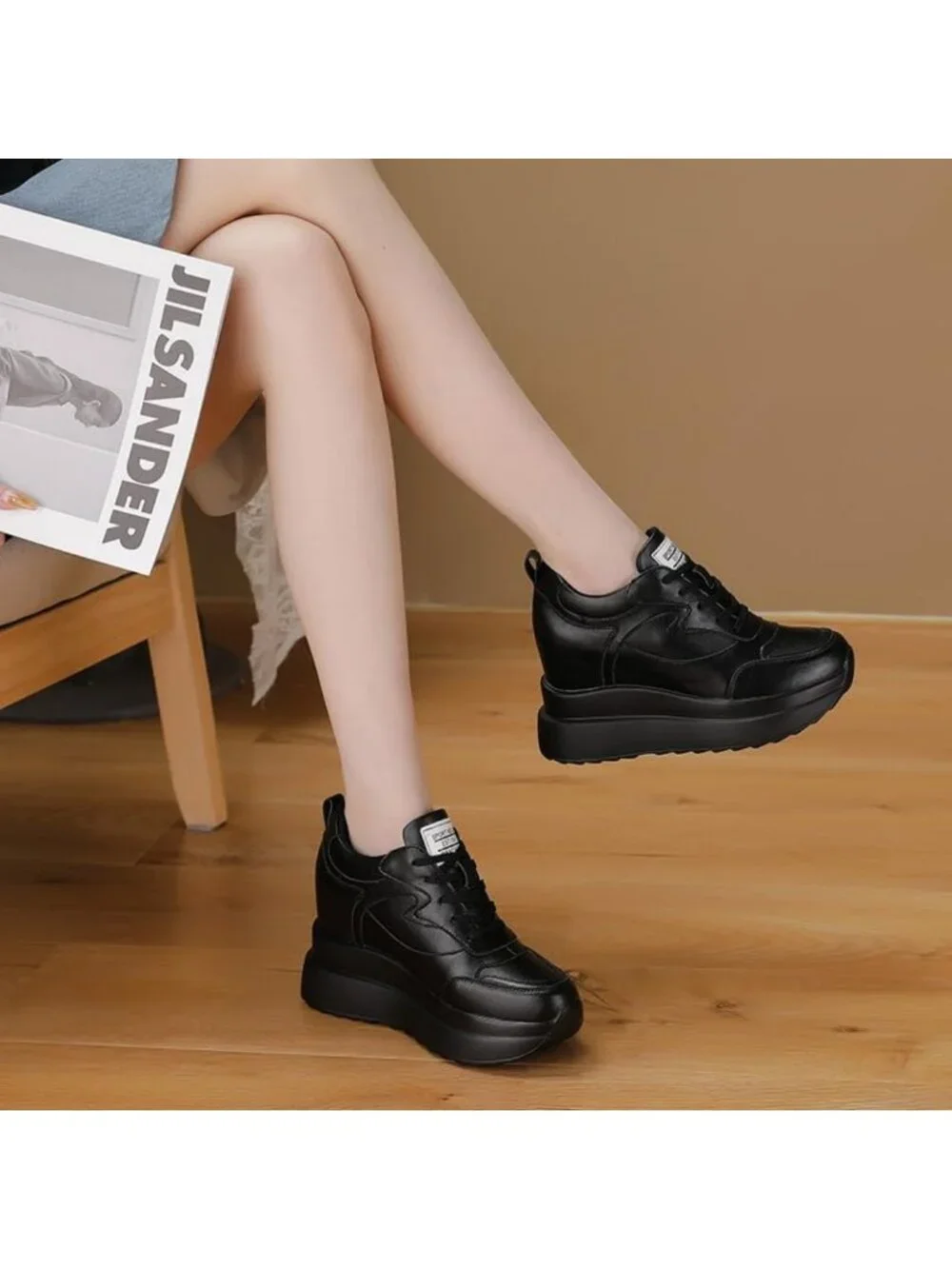 Stylish Platform Sneakers for Women - High Hidden Heel Wedge Lace-Up Tennis